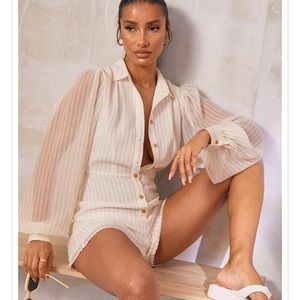 Pretty Little Thing Stone Stripe Ballon Sleeve Shirt Romper Size 4